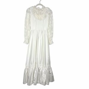 Vintage Handmade Dress Womens XS White Ruffle Lace High Neck Maxi Long Sleeve